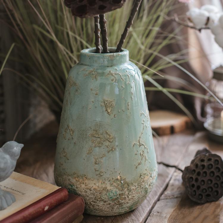 Turquoise ceramic vase by RusticReach with distressed glaze and textured base on Tampa Home & Garden Store
