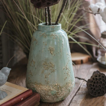 Turquoise ceramic vase by RusticReach with distressed glaze and textured base on Tampa Home & Garden Store