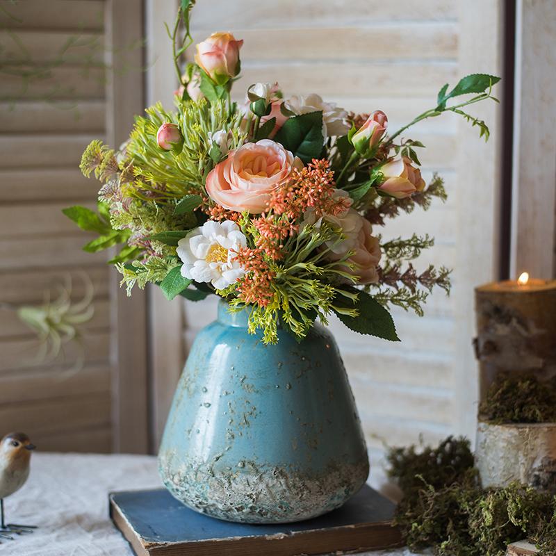 Turquoise ceramic vase with rustic glaze, peach roses and florals, RusticReach on Tampa Home & Garden Store