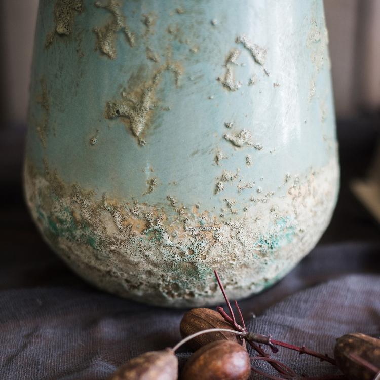Turquoise ceramic vase by RusticReach with weathered glaze and textured base on Tampa Home & Garden Store