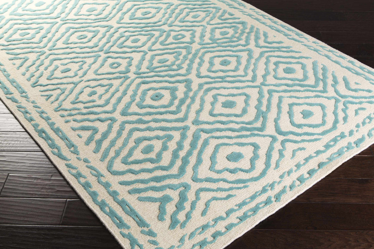 Rug: Tuskahoma Premium Area Carpet by Boutique Rugs, cream with teal geometric diamond pattern on Tampa Home & Garden Store