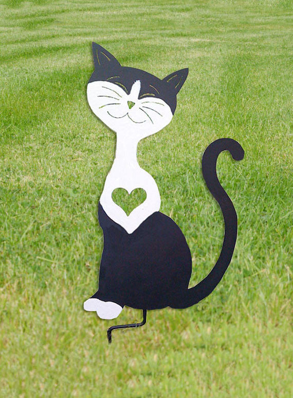 Tuxedo cat garden stake with white chest heart, black metal silhouette Rustica Ornamentals on Tampa Home & Garden Store