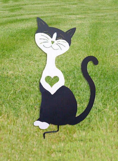 Tuxedo cat garden stake with white chest heart, black metal silhouette Rustica Ornamentals on Tampa Home & Garden Store