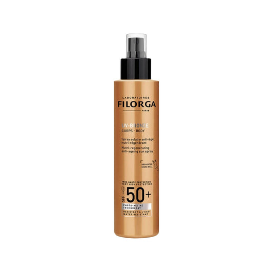 Bronzer Filorga UV-Bronze Body SPF 50+ bronzing sunscreen spray bottle in metallic bronze, 150ml on Tampa Home & Garden Store