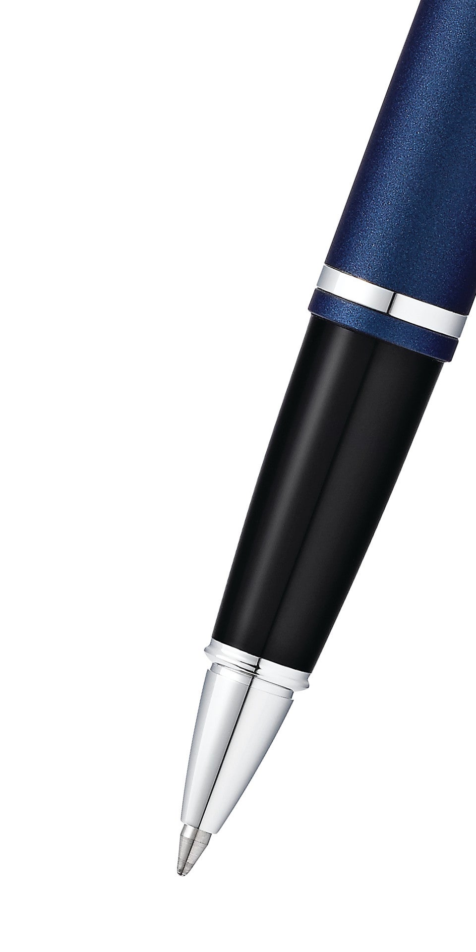 Calais Matte Metallic Midnight Blue rollerball pen by A.T. Cross with black barrel and silver trim on Tampa Home & Garden Store