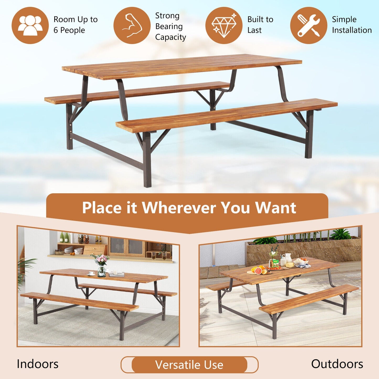 Juego de mesa de picnic y bancos para exteriores de 6 personas con orificio para sombrilla de 2 pulgadas