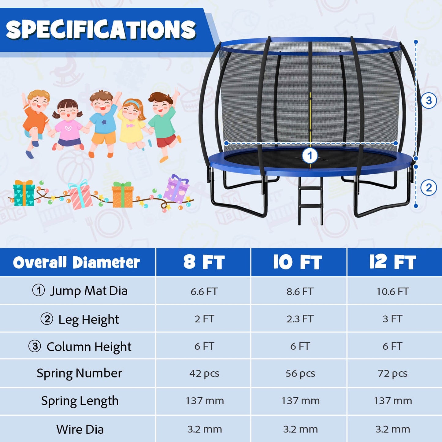 12FT ASTM Approved Recreational Trampoline with Ladder-Black