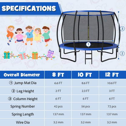 12FT ASTM Approved Recreational Trampoline with Ladder-Black