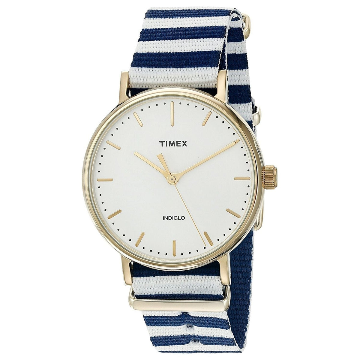 Timex women's classic watch, gold-tone case, white dial, striped navy and white nylon strap on Tampa Home & Garden Store