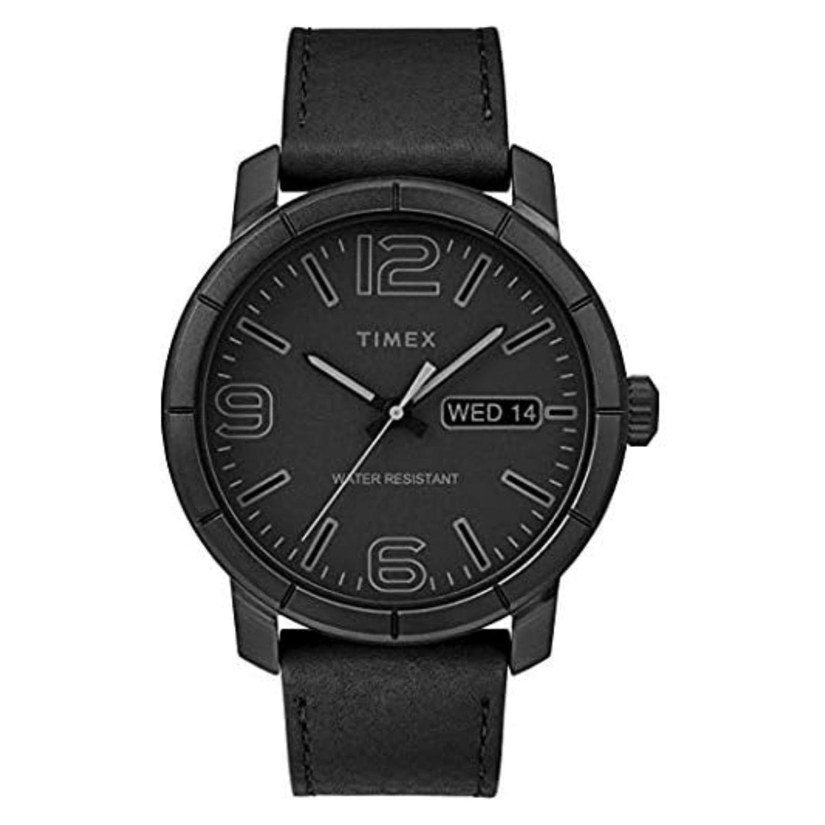 Timex men's classic black watch with leather strap and day-date window on Tampa Home & Garden Store