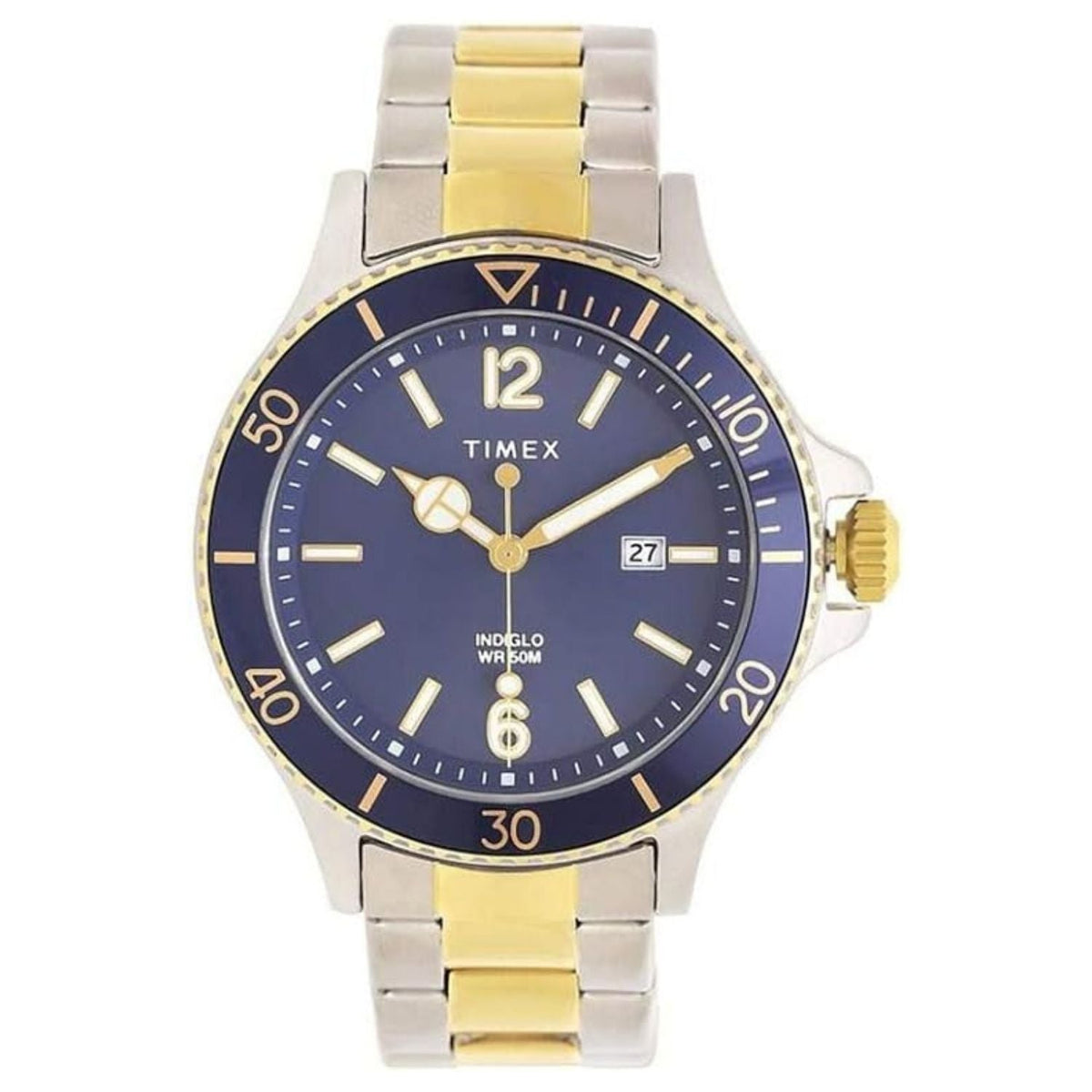Timex men's classic watch blue dial with gold bezel and two-tone bracelet on Tampa Home & Garden Store