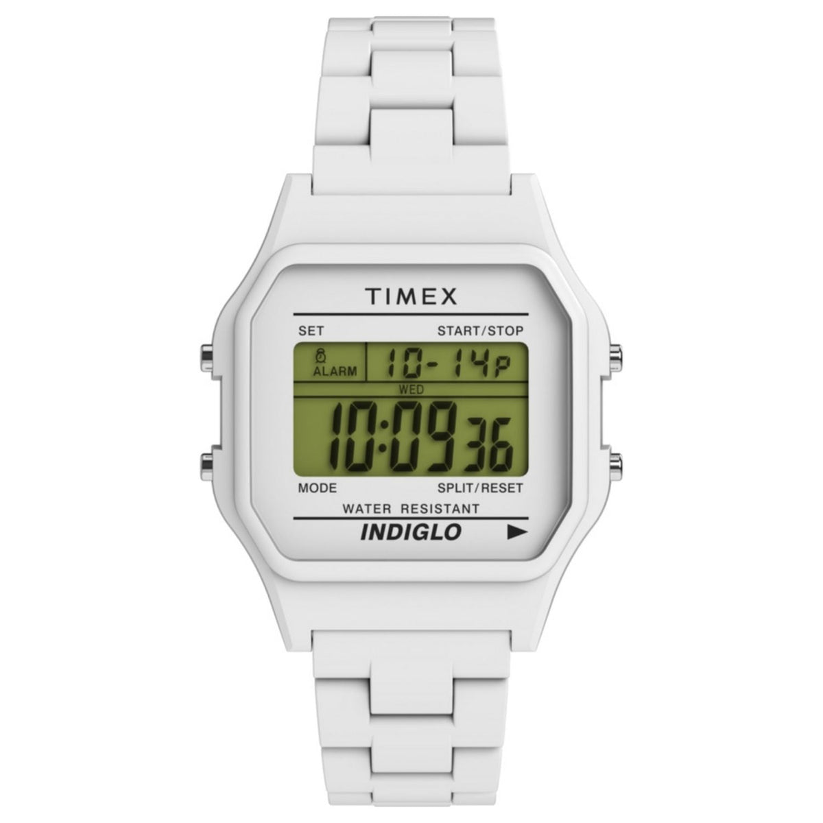 Timex digital watch white unisex classic with Indiglo backlight and metal bracelet on Tampa Home & Garden Store