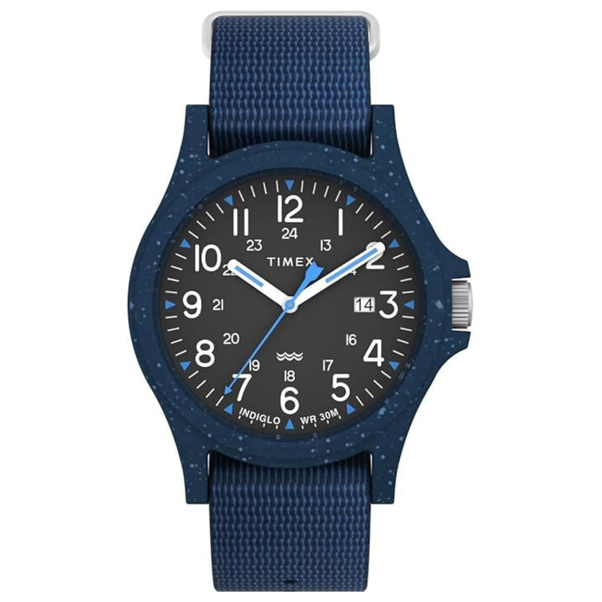 Timex men's classic watch with blue speckled case and blue fabric strap on Tampa Home & Garden Store