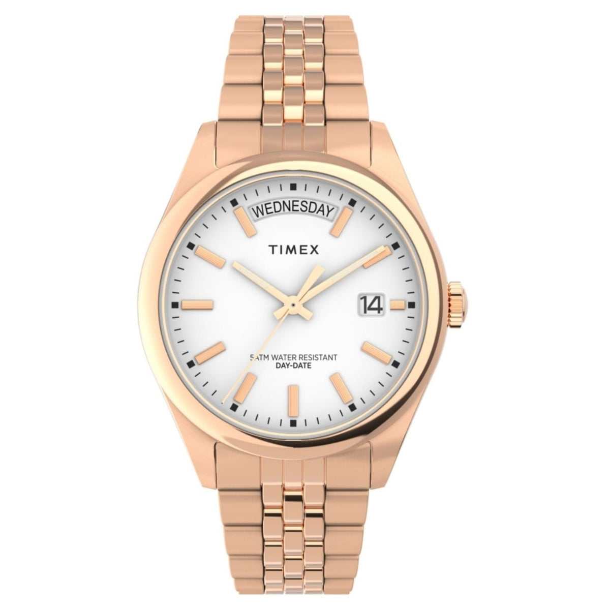 Timex women's rose-gold watch with white dial, day-date window, bracelet band, 5ATM on Tampa Home & Garden Store