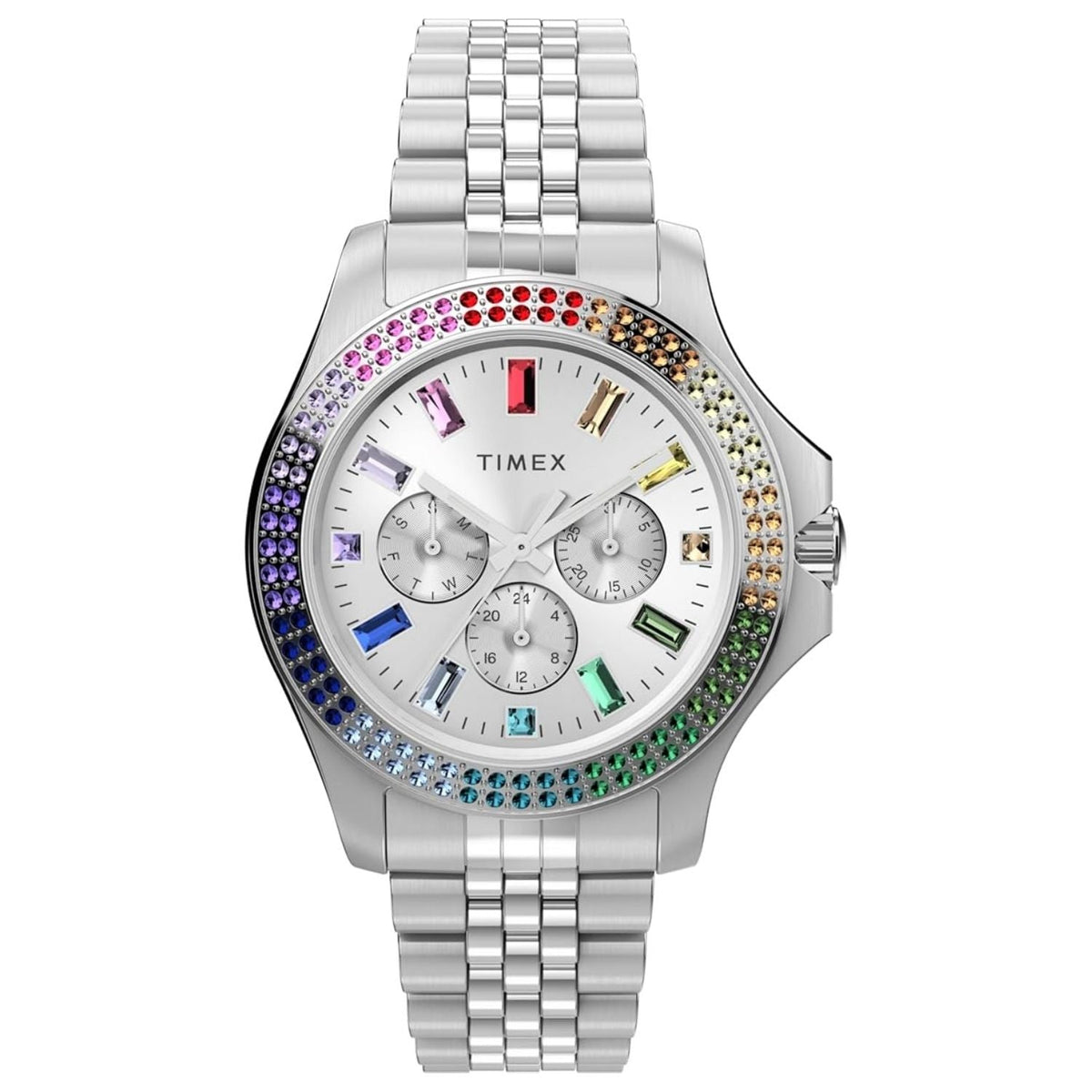 Timex Ladies' Classic watch with rainbow gemstone bezel and stainless steel bracelet on Tampa Home & Garden Store