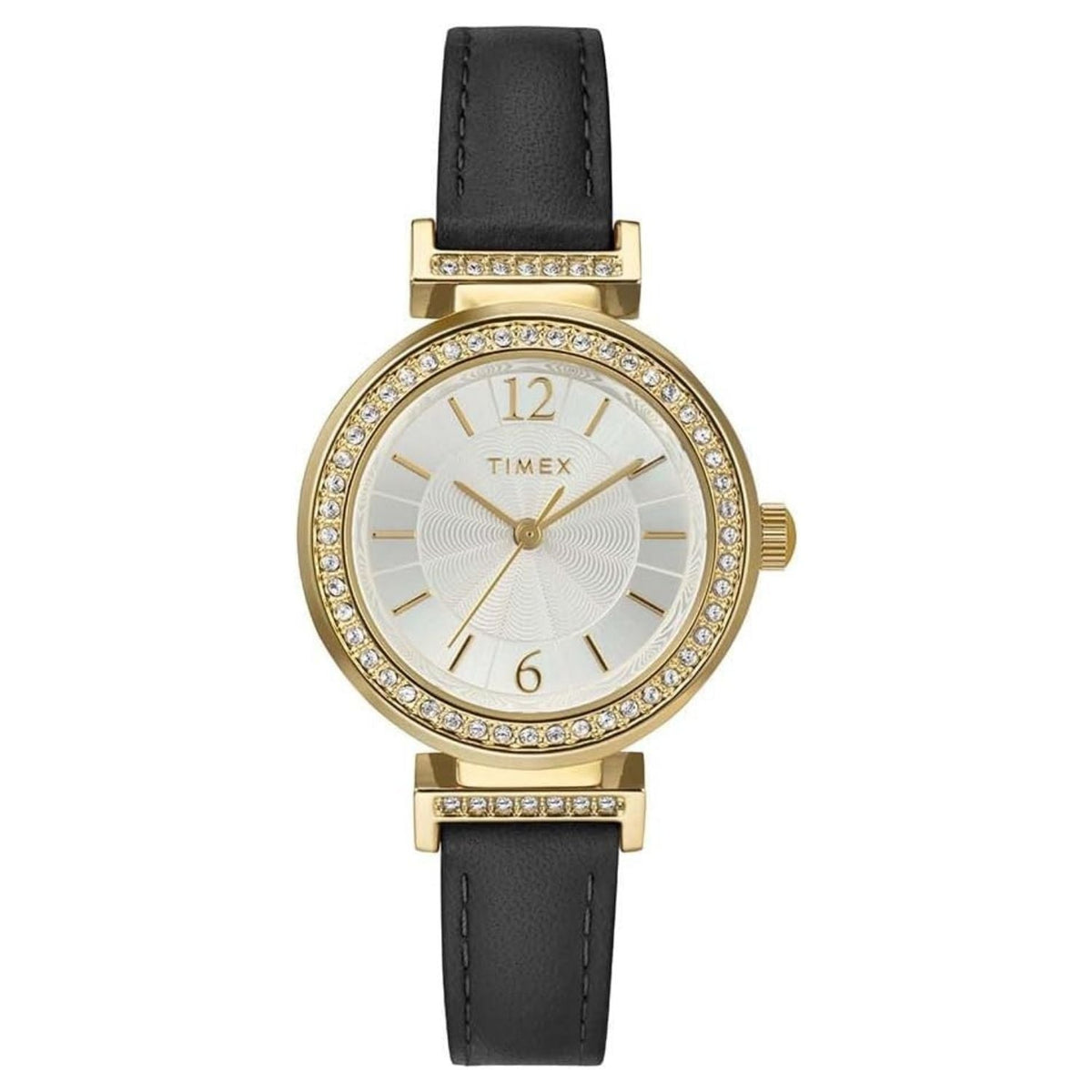 Timex ladies gold-tone wristwatch with crystal bezel and black leather strap on Tampa Home & Garden Store