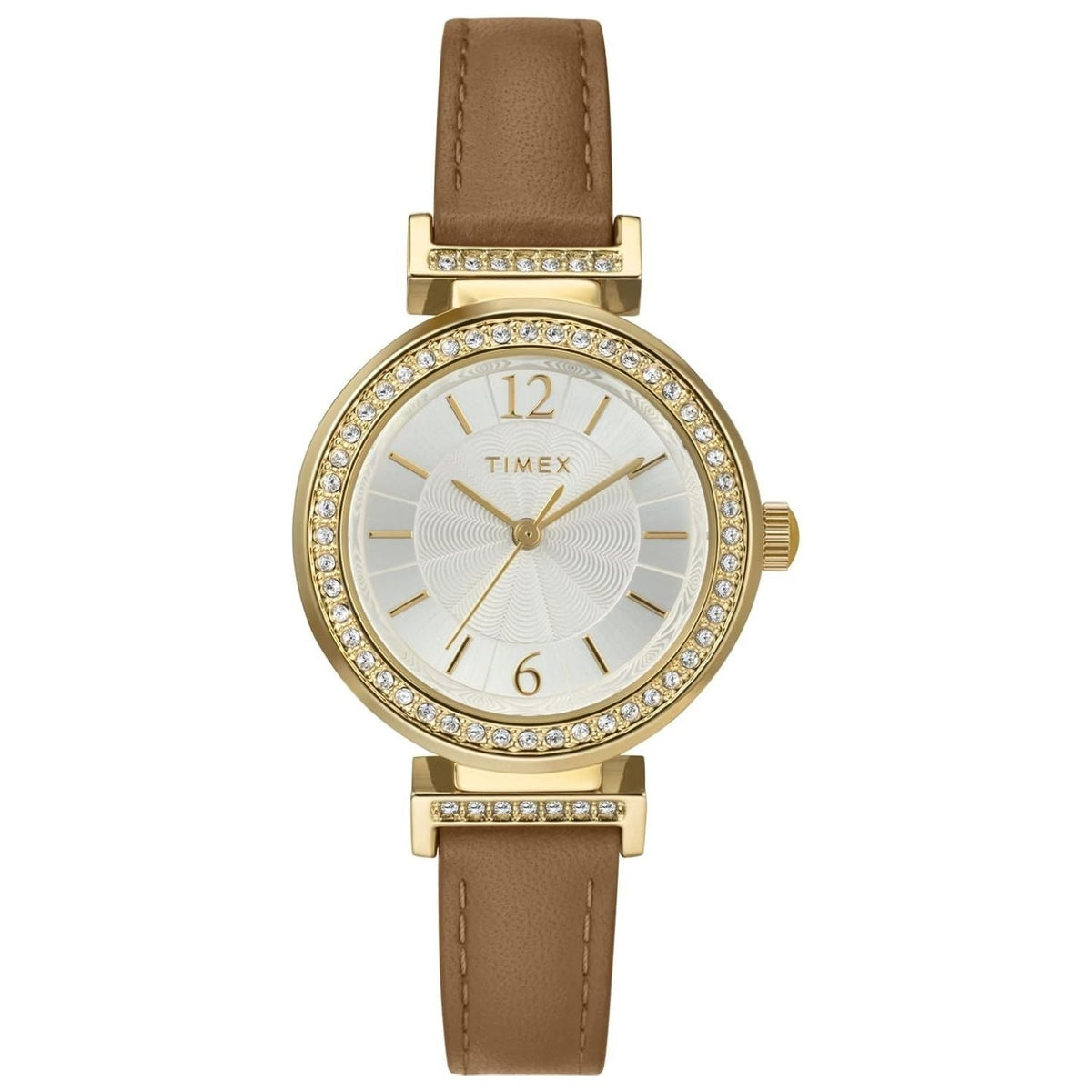 Timex ladies' classic watch, gold-tone case with crystal bezel and brown leather strap on Tampa Home & Garden Store