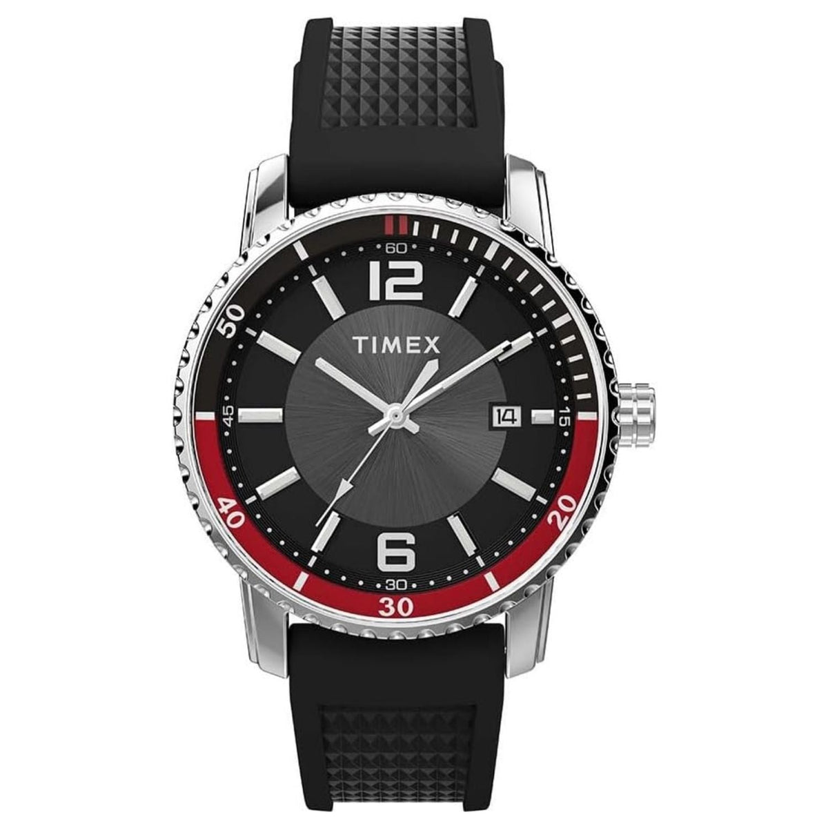 Timex men's classic watch with black dial, silver bezel, date window, black textured strap on Tampa Home & Garden Store
