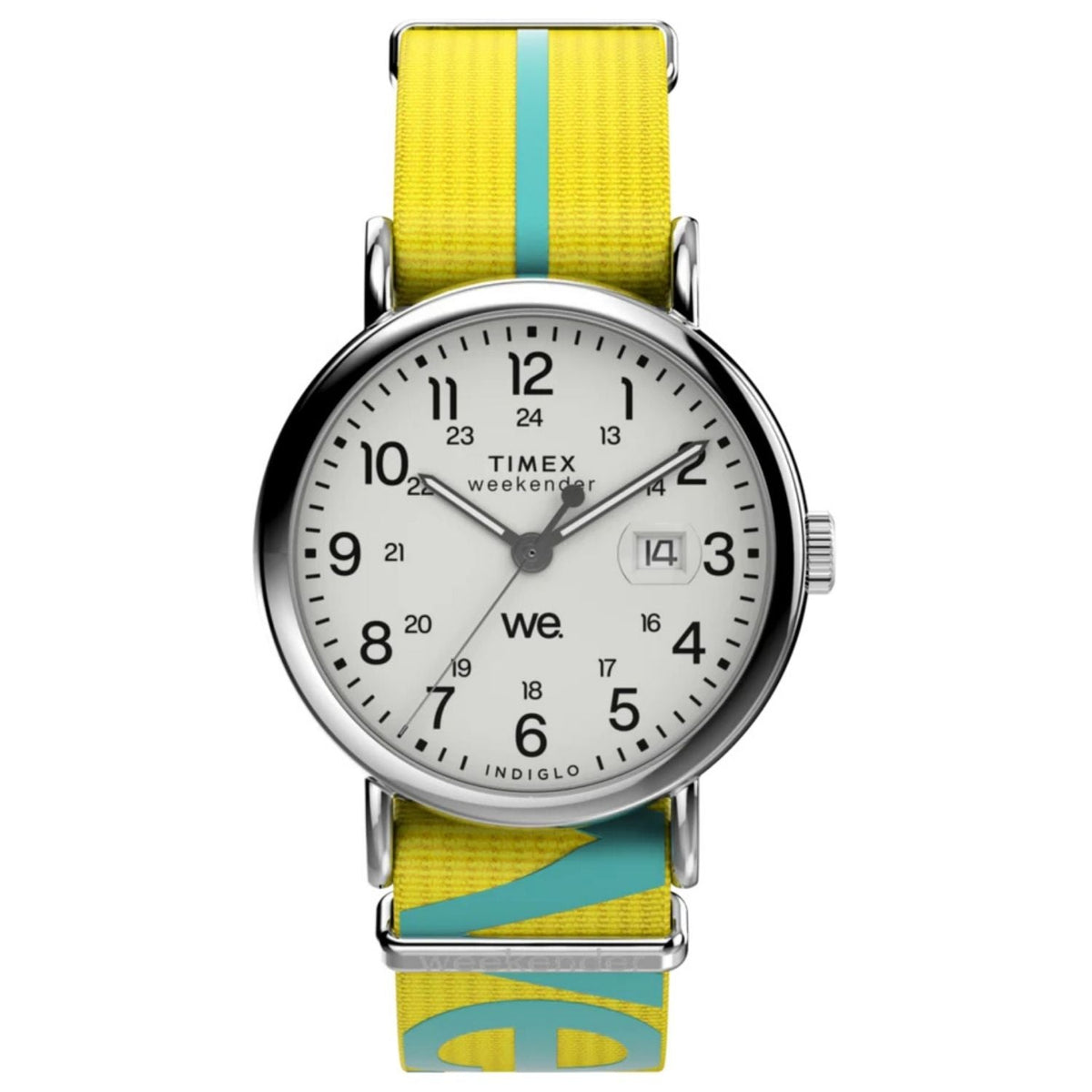 Timex weekender unisex watch with white dial, yellow strap and teal stripe on Tampa Home & Garden Store