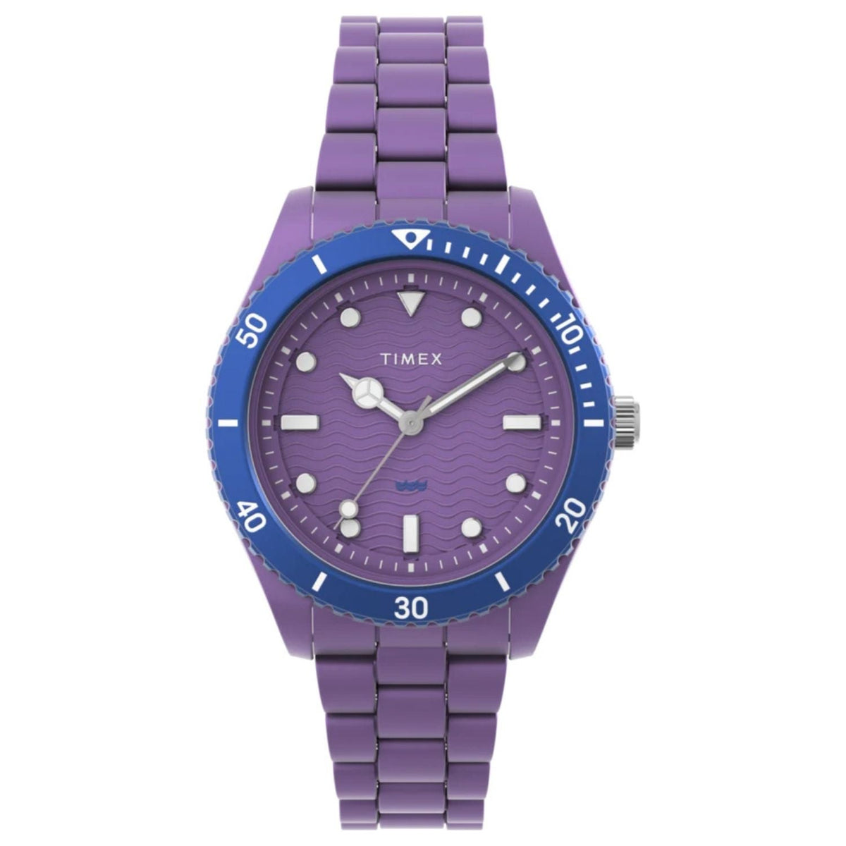 Timex watch with purple dial blue bezel and purple linked bracelet on Tampa Home & Garden Store