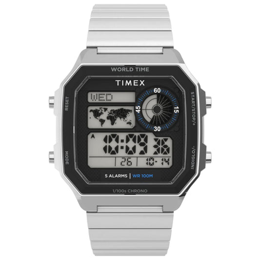 Timex men's Main Street watch with stainless steel band and digital world-time display on Tampa Home & Garden Store