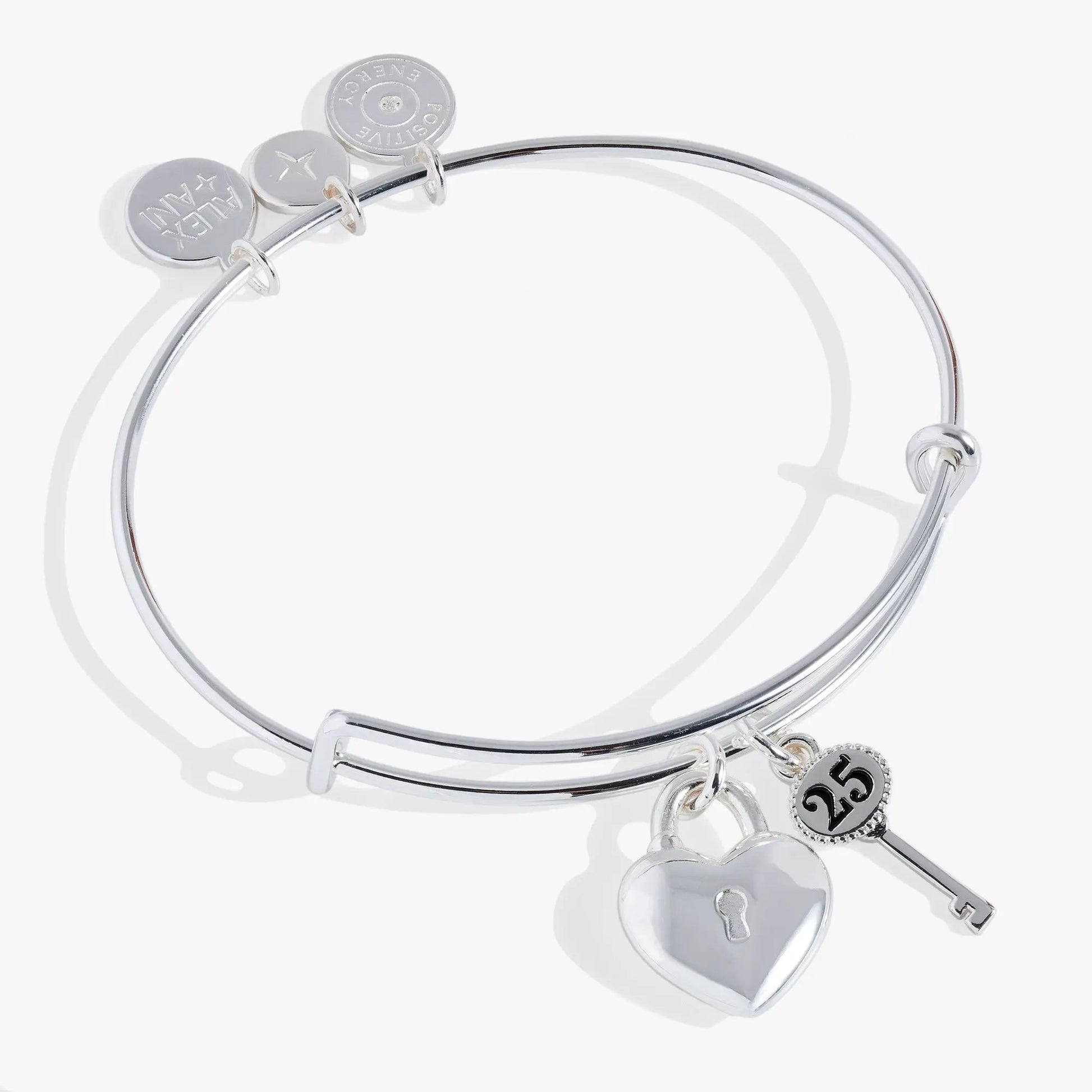 Bangle: 25th Anniversary by Alex and Ani, silver-tone with three round charm discs on Tampa Home & Garden Store