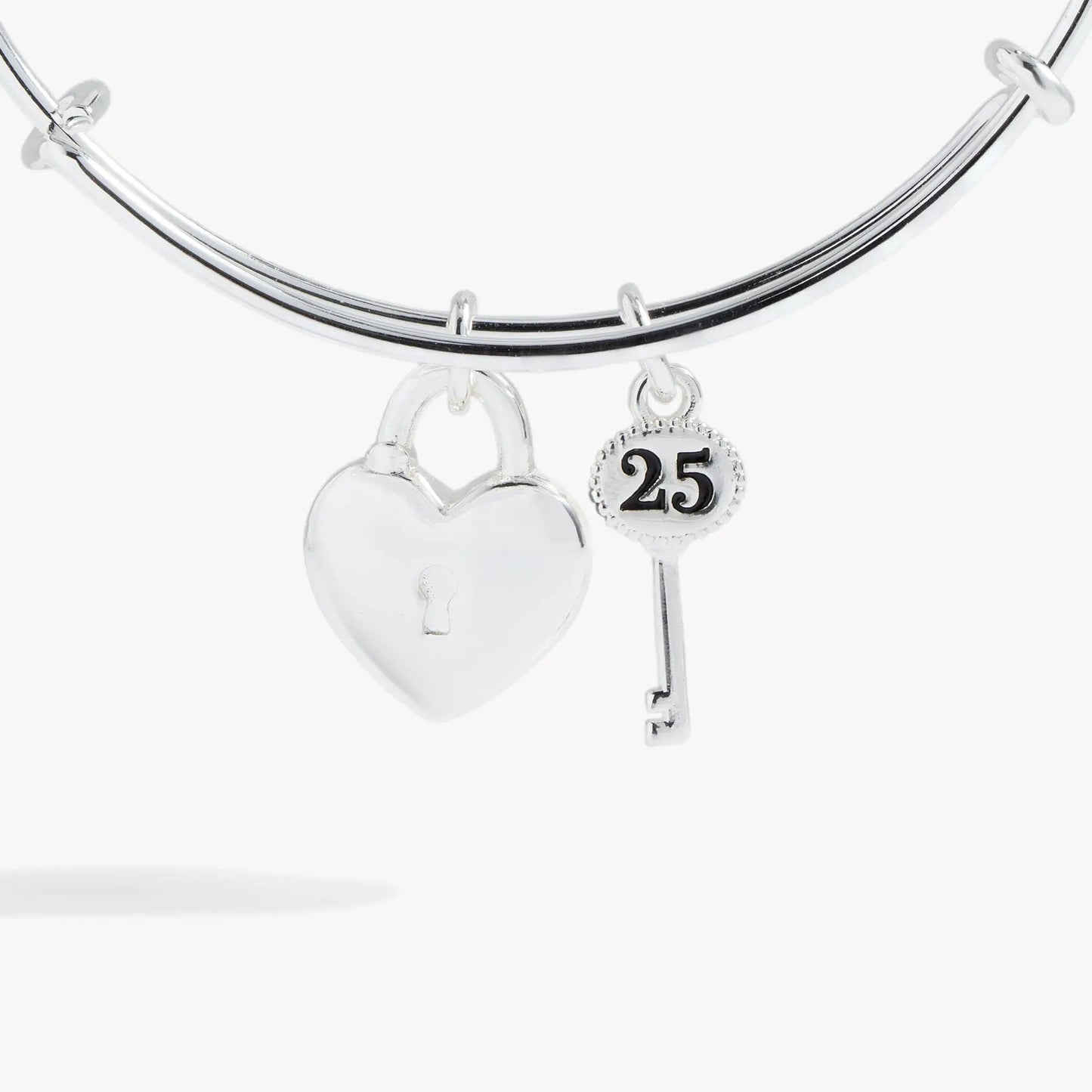 ALEX AND ANI 25th Anniversary Bangle in silver-tone with two charms: heart and 25 charm on Tampa Home & Garden Store