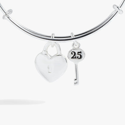 ALEX AND ANI 25th Anniversary Bangle in silver-tone with two charms: heart and 25 charm on Tampa Home & Garden Store