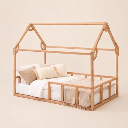 Twin size Montessori house bed with fence in natural wood finish by Goodevas for toddlers on Tampa Home & Garden Store