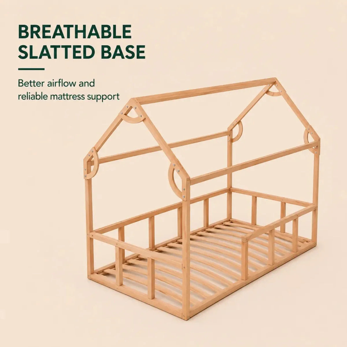 Twin Size Montessori House Bed for Kids with Fence in wood, slatted base, Goodevas on Tampa Home & Garden Store