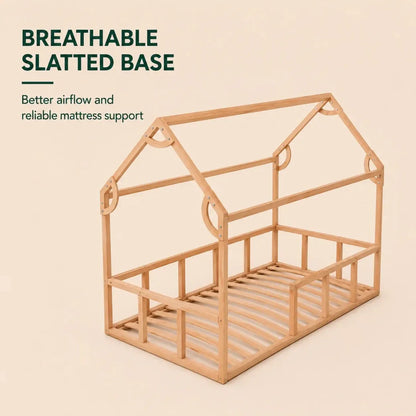 Twin Size Montessori House Bed for Kids with Fence in wood, slatted base, Goodevas on Tampa Home & Garden Store