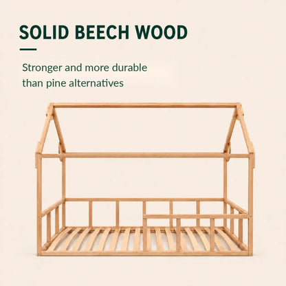 Twin size Montessori house bed with fence in natural wood by Goodevas for toddlers on Tampa Home & Garden Store