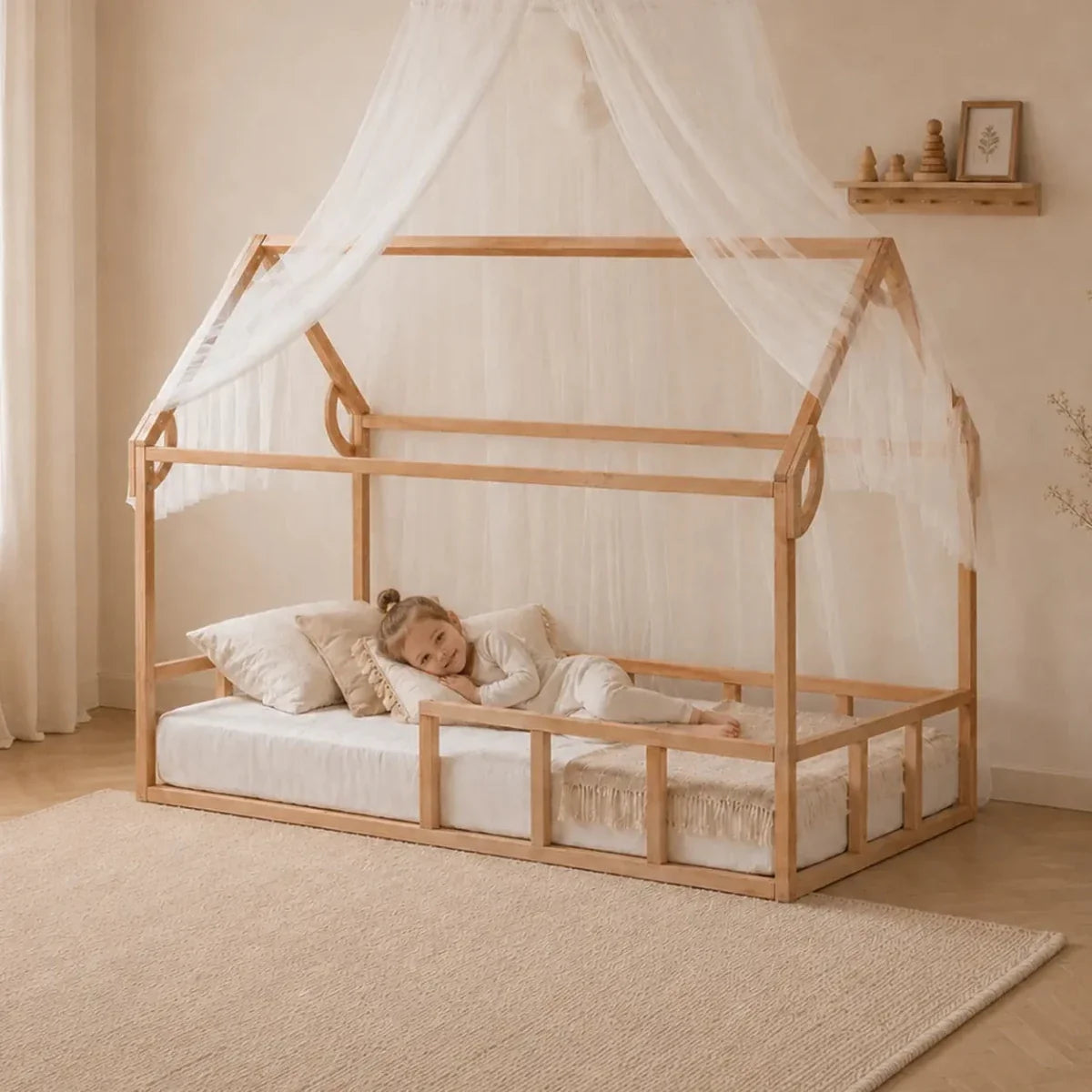 Twin Size Montessori House Bed with Fence in natural wood by Goodevas with sheer canopy on Tampa Home & Garden Store