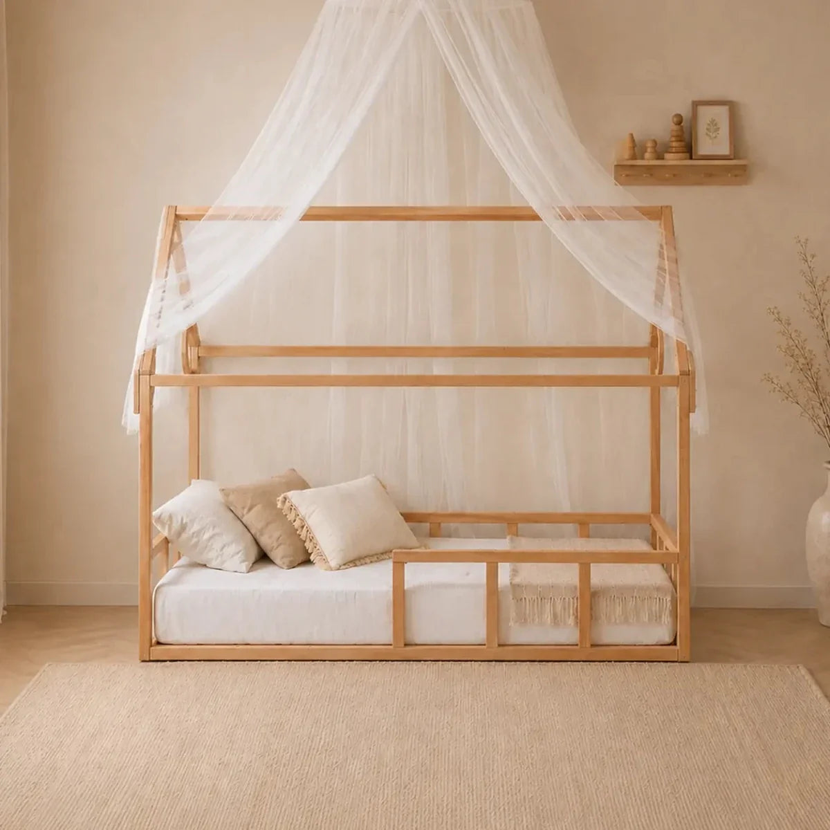 Twin Size Montessori House Bed with Fence in natural wood frame with sheer white canopy on Tampa Home & Garden Store
