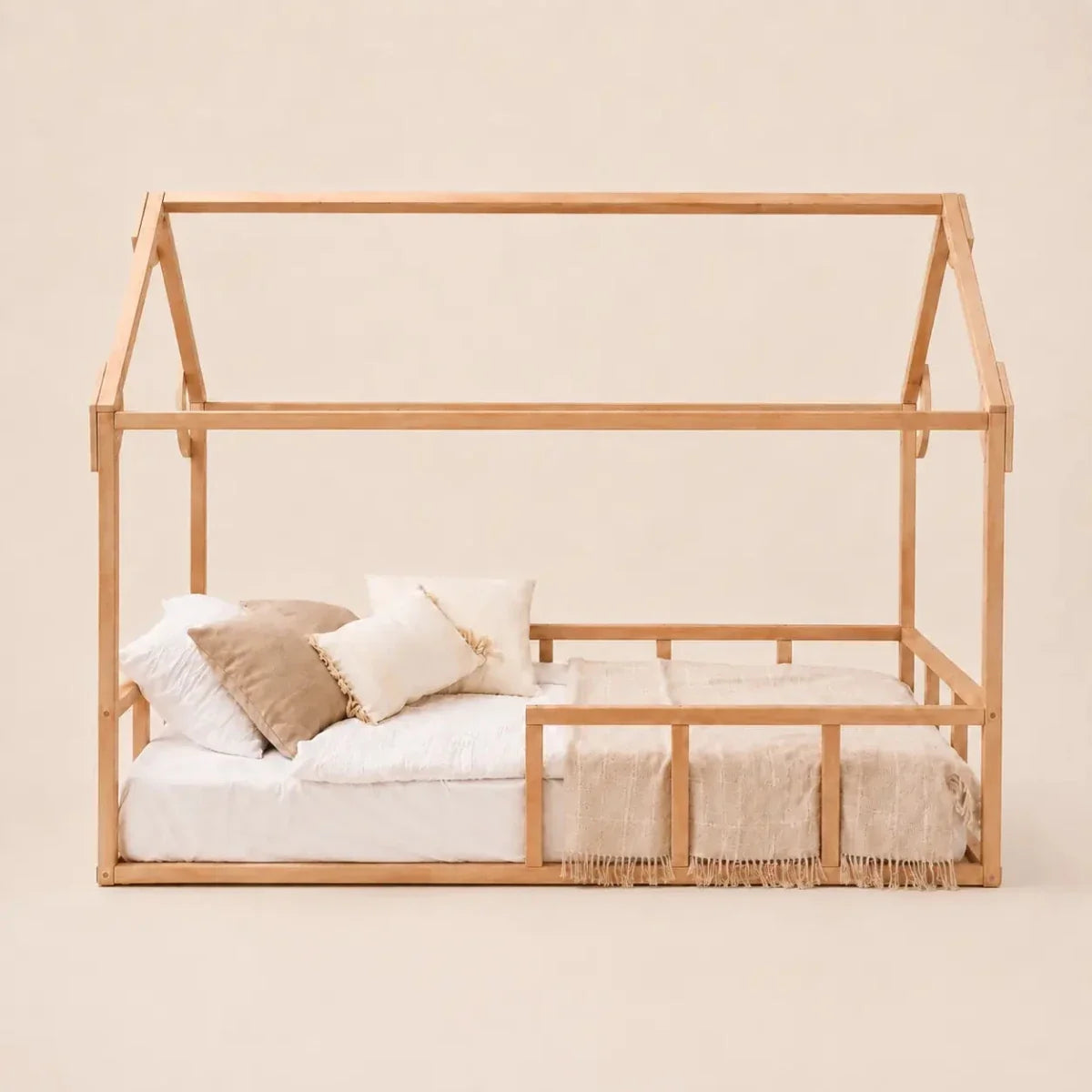Twin Size Montessori House Bed with Fence in natural wood by Goodevas on Tampa Home & Garden Store