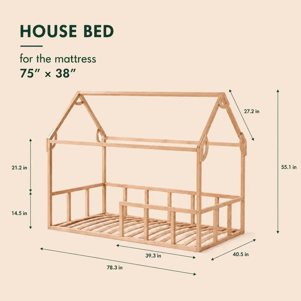 Twin Size Montessori House Bed with Fence in natural wood by Goodevas on Tampa Home & Garden Store