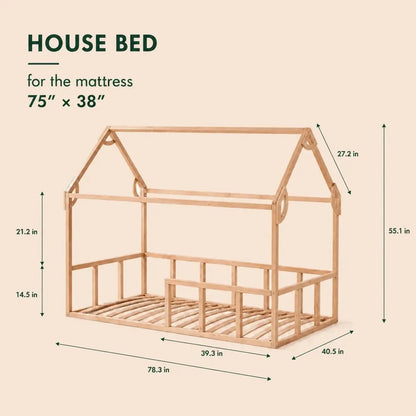Twin Size Montessori House Bed with Fence in natural wood by Goodevas on Tampa Home & Garden Store