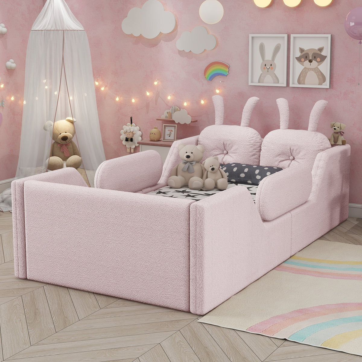 Twin size pink upholstered platform bed with rabbit cushion in a kids bedroom on Tampa Home & Garden Store