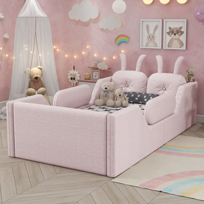 Twin size pink upholstered platform bed with rabbit cushion in a kids bedroom on Tampa Home & Garden Store