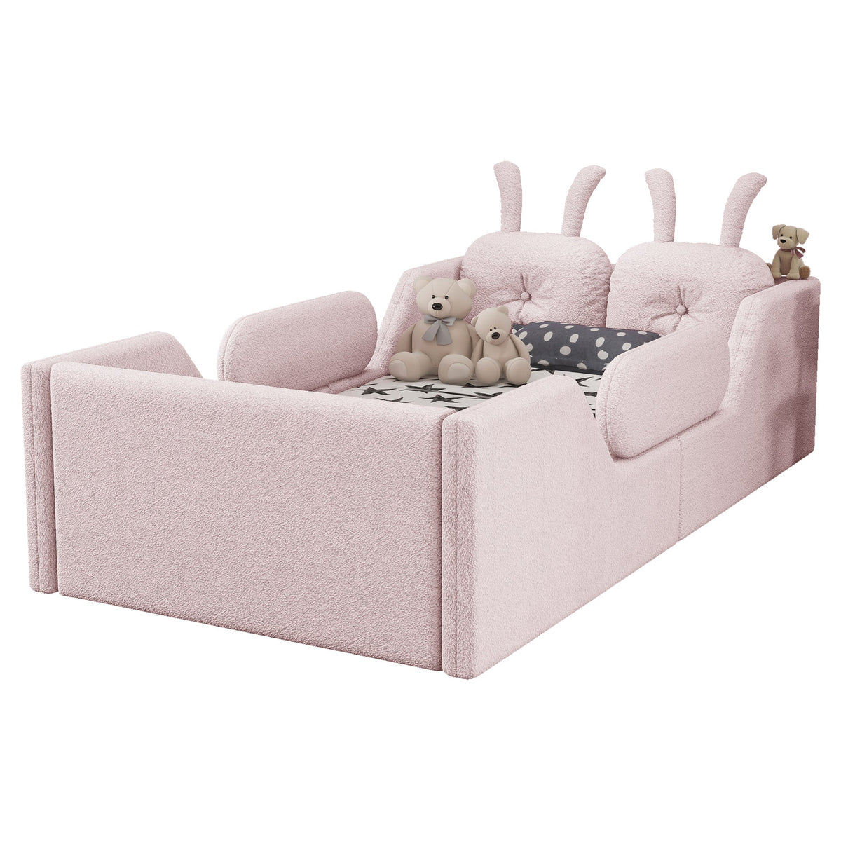 Twin size pink upholstered bed with bunny-ear headboard and plush bears, HouseOfZazla on Tampa Home & Garden Store