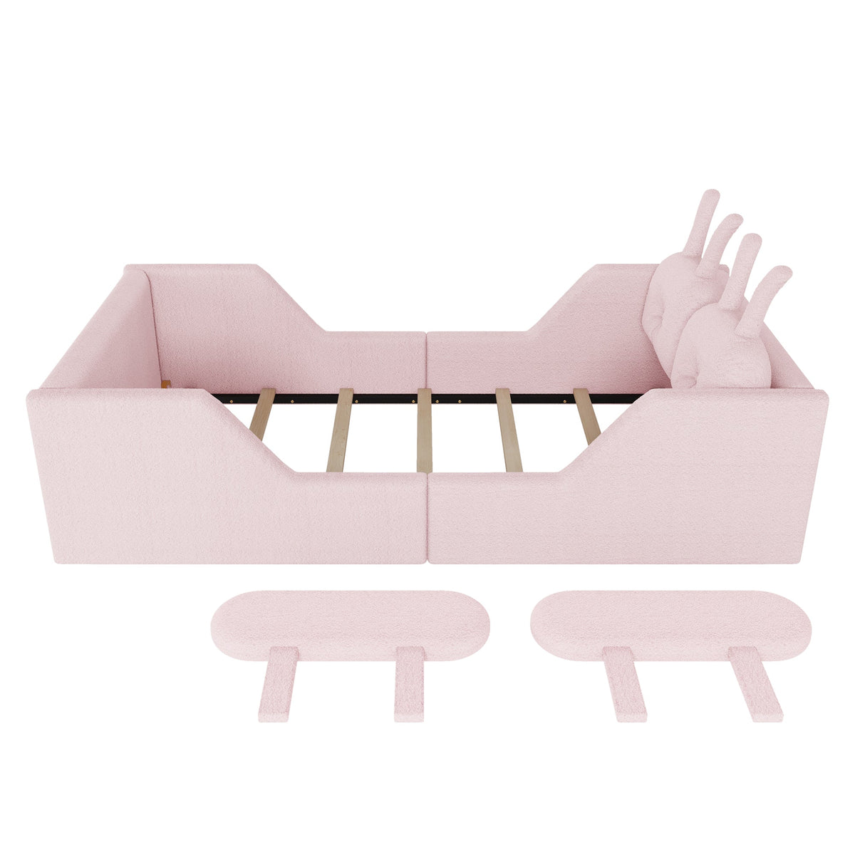 Twin Size Upholstered Platform Bed with Rabbit Cushion Pink by HouseOfZazla, pink padded frame on Tampa Home & Garden Store
