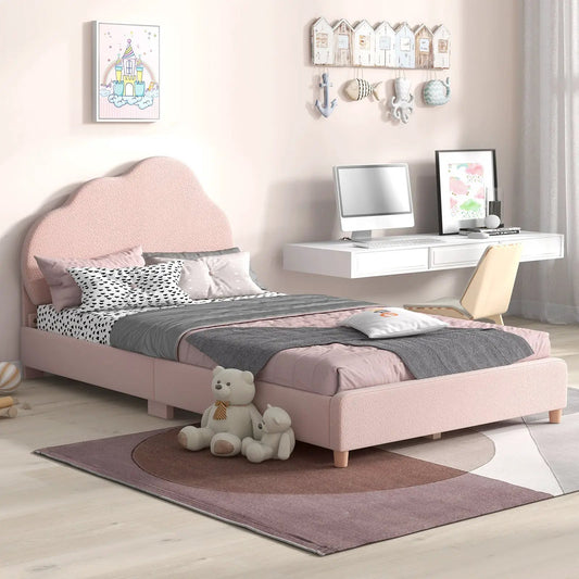 Twin Bed Frame with height-adjustable headboard in pink tufted fabric and wooden slats on Tampa Home & Garden Store