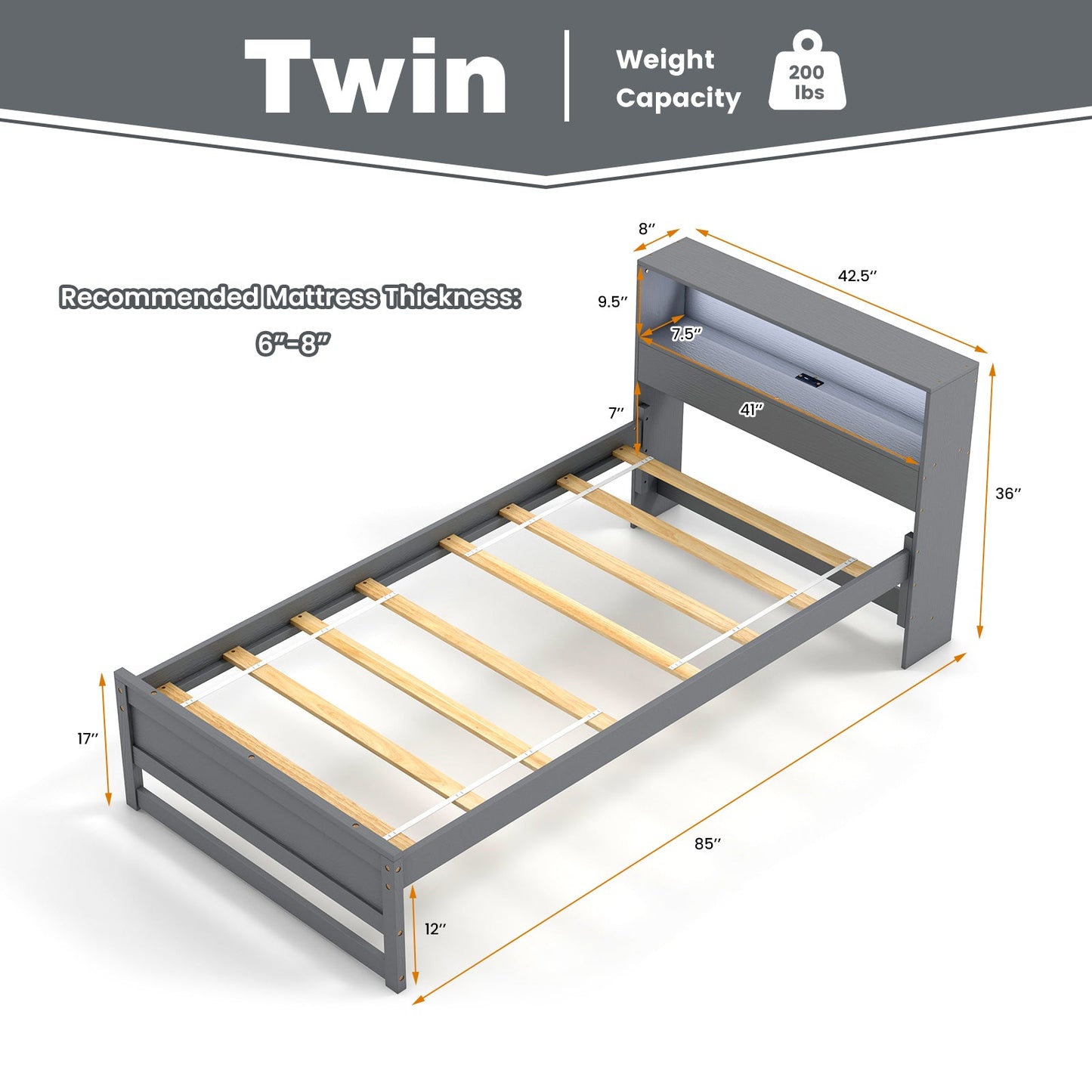 Twin Size Bed Frame with Storage Headboard and Charging Station