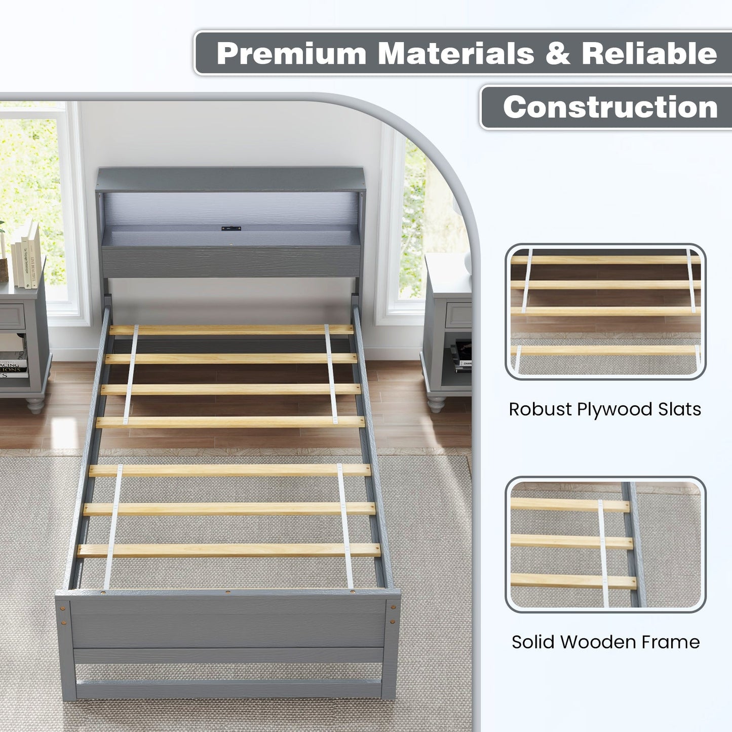 Twin Size Bed Frame with Storage Headboard and Charging Station