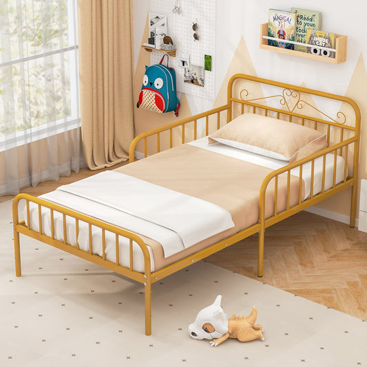 Twin Size Bed Frame with Headboard and Safety Side Guardrails-Gold - Tampa Home & Garden Store