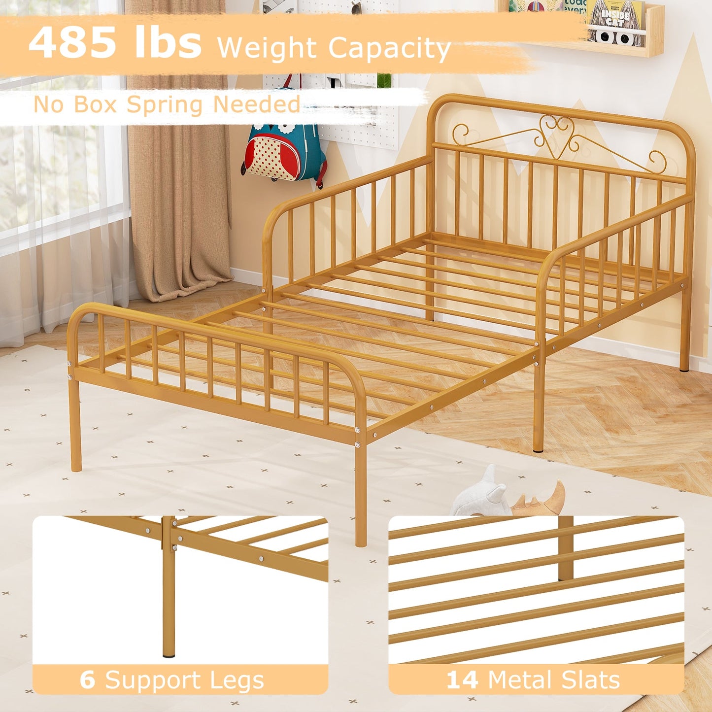 Estructura de cama individual con cabecero y barandillas de seguridad - Dorada