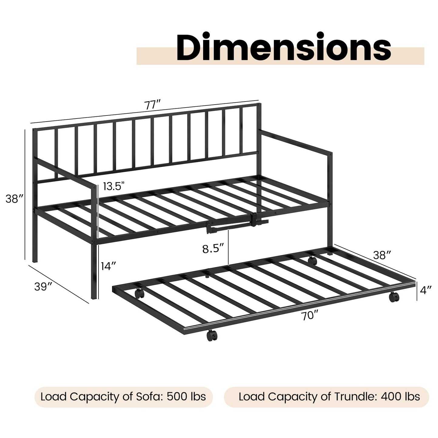 Juego de estructura de diván y nido de tamaño doble, estructura de cama nido - Negro