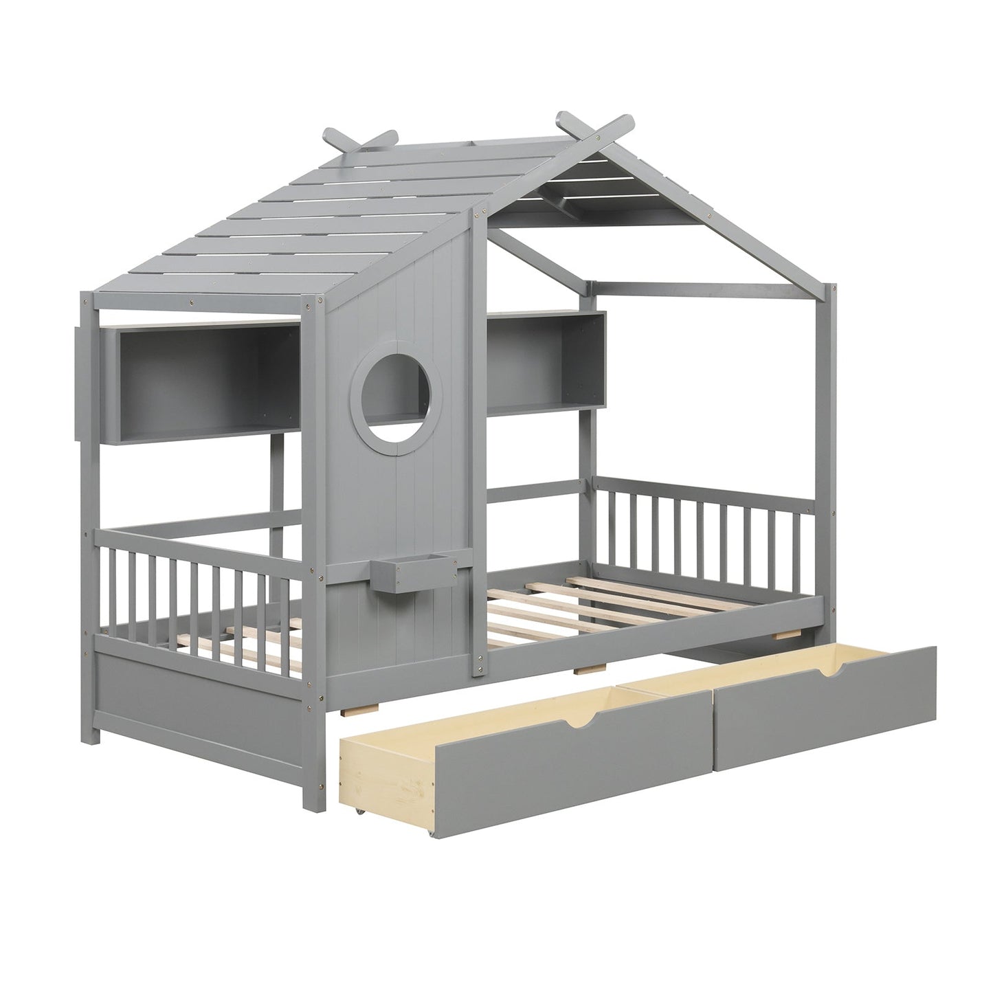 Cama con diseño de casa tamaño Twin con 2 cajones de almacenamiento y barandales de seguridad-Gris