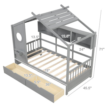 Cama con diseño de casa tamaño Twin con 2 cajones de almacenamiento y barandales de seguridad-Gris