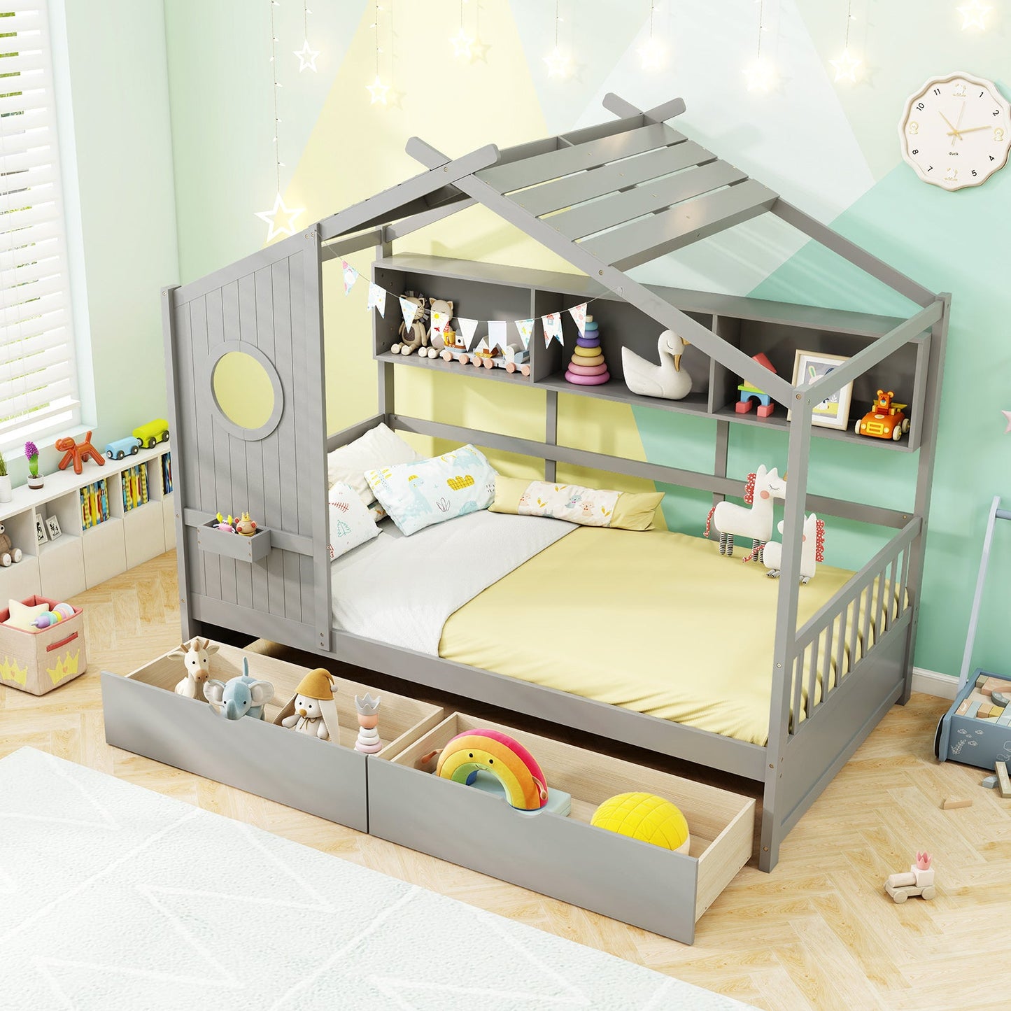 Cama con diseño de casa tamaño Twin con 2 cajones de almacenamiento y barandales de seguridad-Gris
